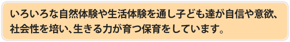 いろいろな自然体験や生活体験を通し子ども達が自信や意欲、社会性を培い、生きる力が育つ保育をしています。